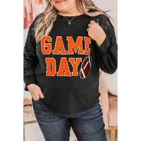 Black Game Day Rugby Football Graphic Sequin Patchwork Sleeve Plus Size Top - 2X