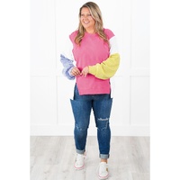 Rose Red Colorblock Patchwork Striped Puff Sleeve Plus Size Top with Slits - 2X