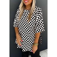 Black Checkered Print Side Slits O Neck Plus Size T Shirt - 2X