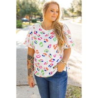 White Multicolor Leopard Print Textured Plus Size T Shirt - 2X