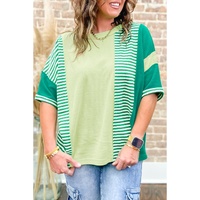 Green Stripe Patchwork Colorblock Plus Size T Shirt - 3X