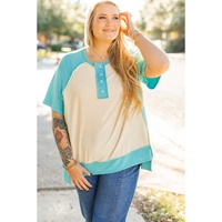 Mint Green Color Block Raglan Sleeve Buttoned Plus Size T Shirt - 2X