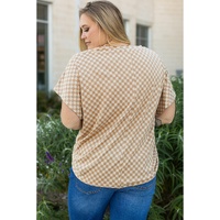 Khaki Checkerboard Short Batwing Sleeve Round Neck Plus Size T Shirt - 1X