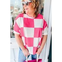 White Textured Checkerboard Round Neck Plus Size T Shirt - 2X