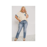 Beige Raw Seam Contrast Color Patchwork Plus Size Top - 1X