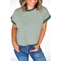 Green Stripe Trimmed Round Neck Plus Size Boxy Fit T-shirt - 2X