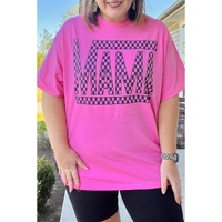 Bright Pink Checker MAMA Letter Printed Graphic Plus Size T Shirt - 1X