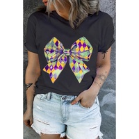 Black Checkered Bow Knot Print O Neck Plus Size T Shirt - 2X