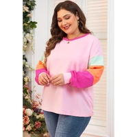 Pink Colorblock Patchwork Long Sleeve Plus Size Top - 1X