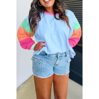 Dark Blue Colorblock Patchwork Long Sleeve Plus Size Top - 1X