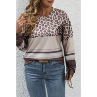 Coffee Plus Size Leopard Striped Long Sleeve Crew Neck Top - 1X