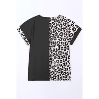 Black Half Leopard Patchwork Plus Size T-shirt - 3X