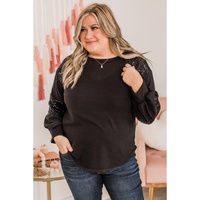 Black Plus Size Sequin Patchwork Crew Neck Long Sleeve Top - 2X