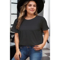 Black Round Neck Rolled Sleeve Plus Size T-shirt - 1X