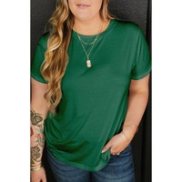 Dark Green Round Neck Rolled Sleeve Plus Size T-shirt - 4X