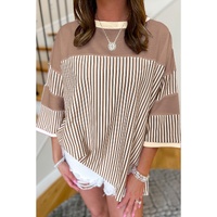 Khaki Stripe Patchwork Bracelet Sleeve Plus Size T Shirt - 1X