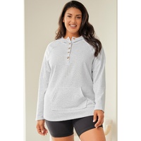 Gray Plus Size Kangaroo Pocket Henley Button Hoodie - 1X