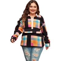Black Plus Size Checkered Print Sherpa Henley Sweatshirt - 1X