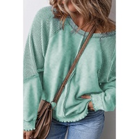Mineral Blue Textured Patchwork Frilled Trim Plus Size Pullover Sweatshirt - 1X
