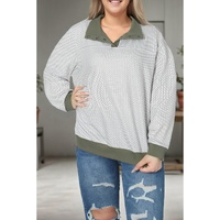 Green Striped Contrasting Trim Plus Size Henley Pullover - 2X