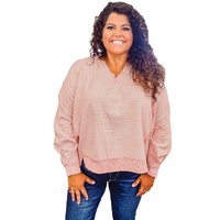 Pink Raw Cut Notched Neck Plus Size French Terry Hoodie - 1X