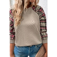 Apricot Plus Size Plaid Raglan Sleeve Crew Neck Sweatshirt - 2X