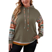 Jungle Green Aztec Patchwork Sleeve Waffle Drawstring Plus Hoodie - 4X