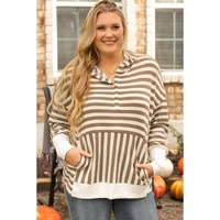 Brown Stripe Quarter Buttons Drop Sleeve Plus Size Hoodie - 1X