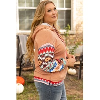 Khaki Aztec Patchwork Waffle Knit Plus Size Hoodie - 2X