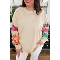 Beige Plus Size Printed Patchwork Sleeve Split Sweatshirt - 3X