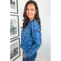 Sky Blue Leopard Ribbed Edge Drop Shoulder Pullover Sweatshirt - 4X