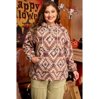 Red Plus Size Western Fashion Aztec Patterned Half Zip High Neck Hoodie - 3X