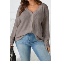 Simply Taupe Waffle Knit Drop Shoulder Button V Neck Plus Size Top - 2X