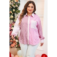 Pink Stripe Print Colorblock Plus Size Shirt - 3X