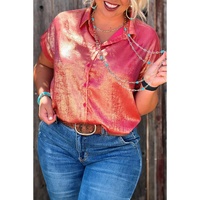 Rose Red Plus Size Metallic Sheen Short Sleeve Button Up Shirt - 2X