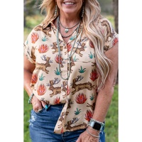 Khaki Plus Size Western Pattern Print Buttoned Short Sleeve Shirt - 4X