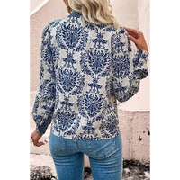 Sky Blue Tribal Pattern Print Notch Neck Buttoned Plus Size Shirt - 3X