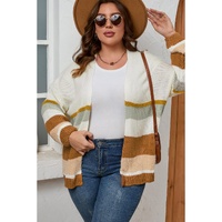Beige Plus Size Striped Print Open Front Cardigan - 1X