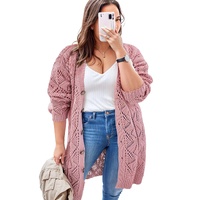 Pink Open Knit Button-Up Plus Size Cardigan - 1X