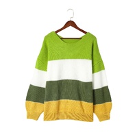 Green Plus Size Color Block Patchwork Sweater - 4X
