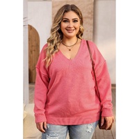 Pink Plus Size Drop Shoulder V Neck Sweater - 3X