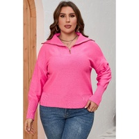 Rose Solid Ribbed Trim Plus Size Zip Collar Sweater - 2X