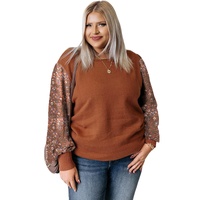 Brown Plus Size Printed Splicing Sleeve Ribbed Trim Sweater - 2X