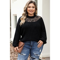 Black Plus Size Ribbed Knit Lace Splicing High Neck Sweater - 2X