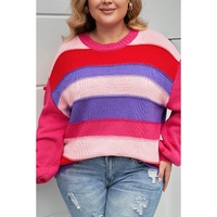 Pink Plus Size Striped Knit Pompom Puff Sleeve Sweater - 2X
