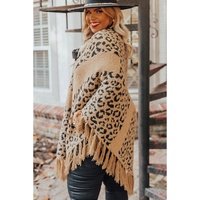 Leopard Plus Size Tasseled Hem Draped Poncho - One Size