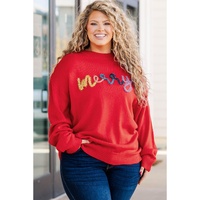 Fiery Red Tinsel merry Pattern Drop Shoulder Plus Size Sweater - 3X