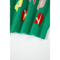 Green Plus Size Floral Knitted Ribbed Edge Drop Shoulder Sweater - 2X