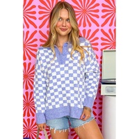Purple Checkered Collared Buttons Plus Size Sweater - 1X