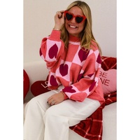 Azura Exchange Pink Plus Size Love Heart Block Mock Neck Lantern Sleeve Valentine Sweater - 2X